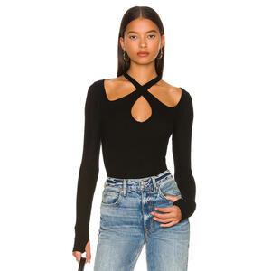 Michael Lauren Gael Cut-Out Top Black Keyhole Neck Thumbhole Long Sleeve M $88